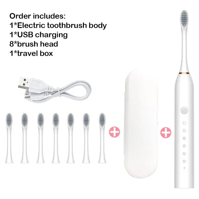 A white electric toothbrush set including the body, USB charging cable, brush heads, and travel box.