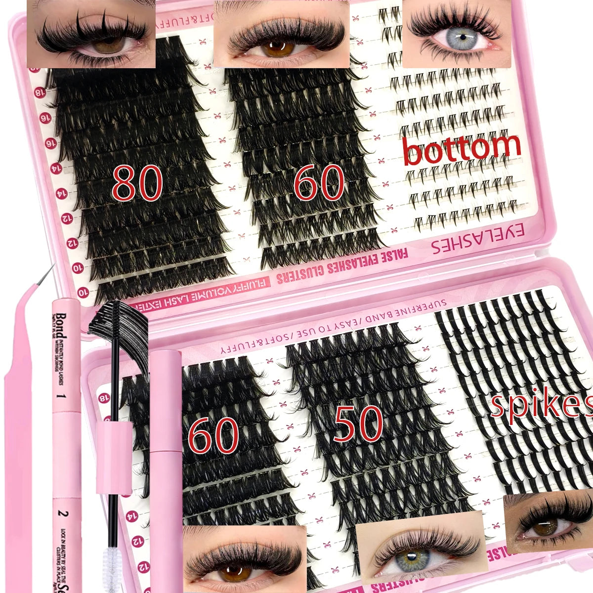 Pink box of DIY lash extension kits showing various lash styles and volume options for salon use