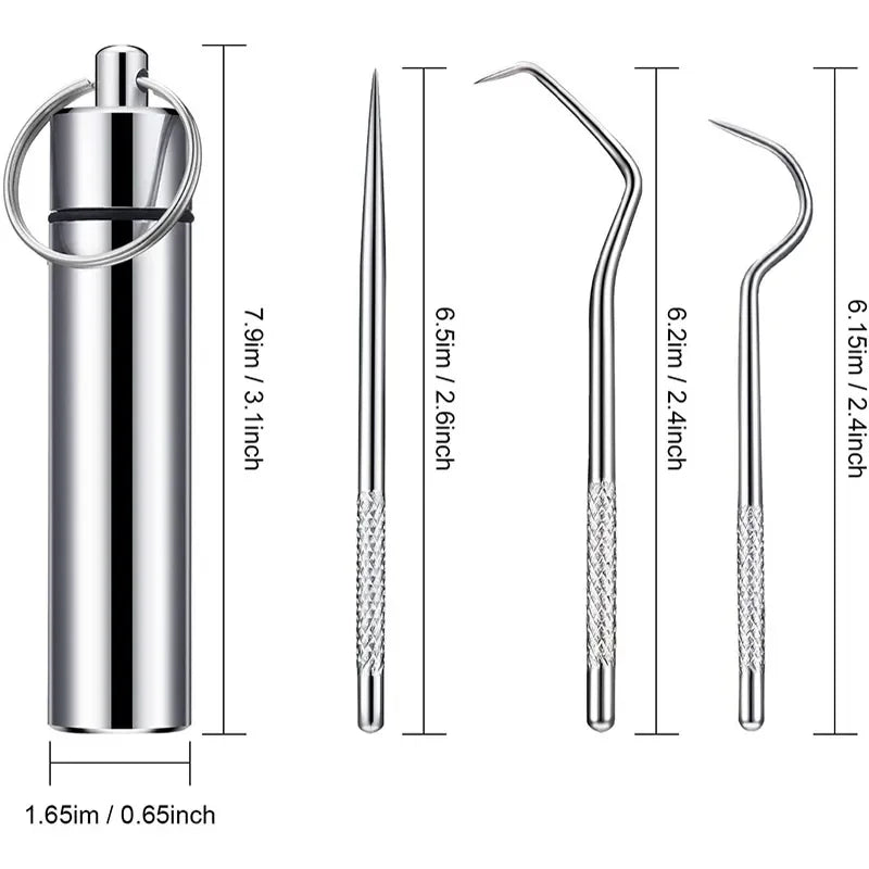 Kit de cure-dents en acier inoxydable réutilisables avec différentes tailles et un support à boucle