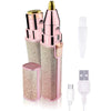 A pink electric beauty shaver with a gold cap and a detachable white shaving head and cord.