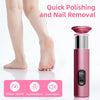 A pink electric foot file and nail removal device is shown next to a bare foot, highlighting its features like gear speed, il