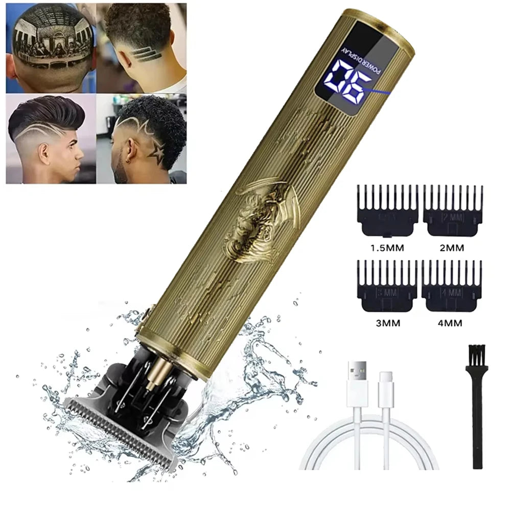 A professional electric hair clipper with a gold finish and dragon design, showing various attachments.