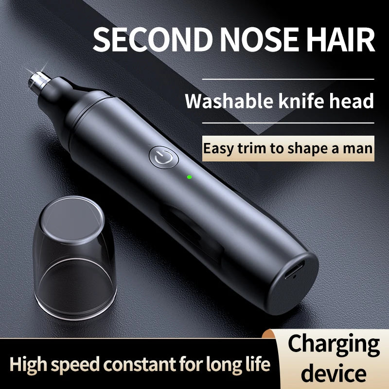 A black fully automatic rechargeable electric nose and ear trimmer with a washable knife head shown on a dark surface.