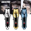 Tres versiones del cortapelos eléctrico Weeme en negro, oro y azul con ejemplos de peinado.