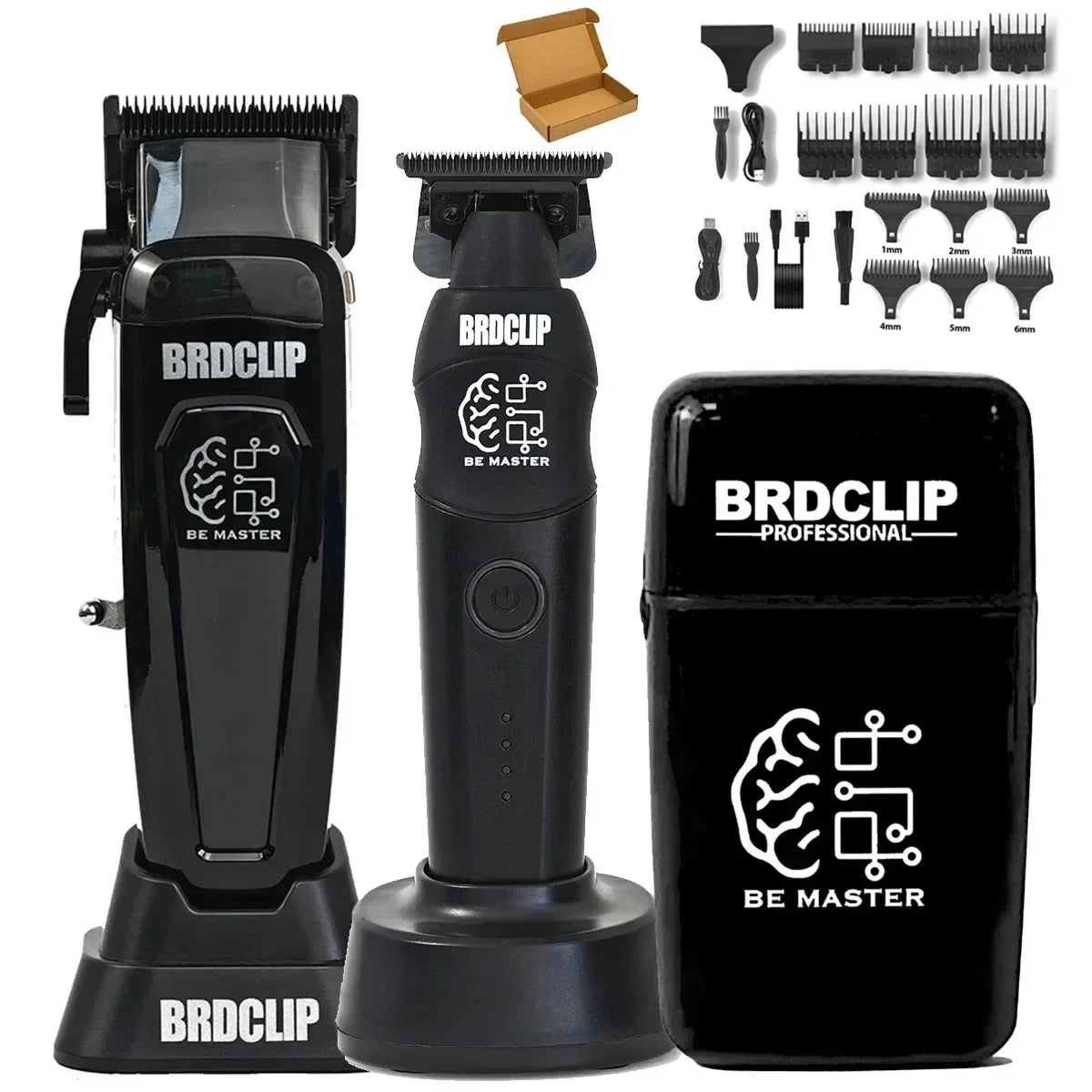 A set of professional electric hair clippers and accessories for grooming.