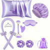 A purple heatless curling kit featuring silk accessories including a pillow, a silicone tool, and hair accessories.