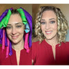 A woman shows off a set of purple, green, and pink heatless hair curlers used for creating bouncy spiral curls.