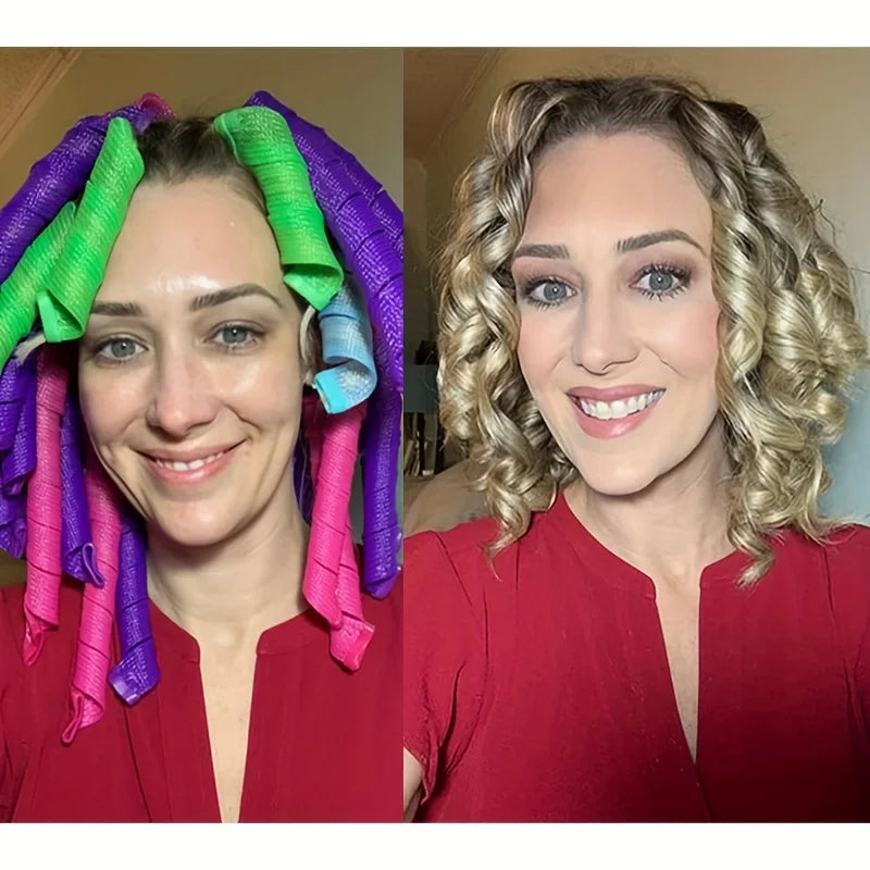 A woman shows off a set of purple, green, and pink heatless hair curlers used for creating bouncy spiral curls.