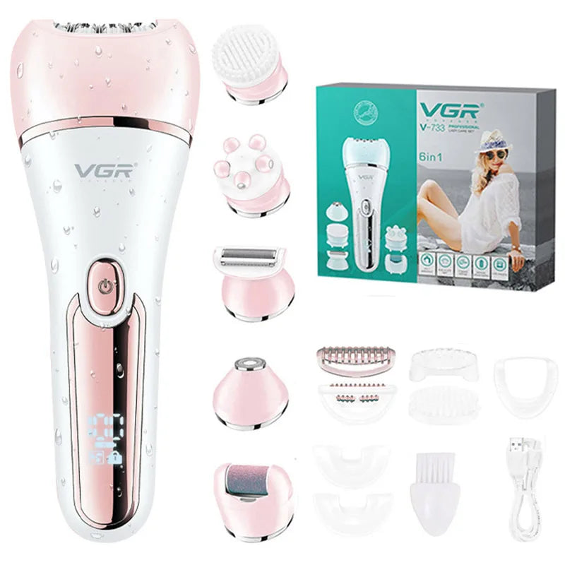 A collection of VGR multi-functional electric epilator tools in pink and white, including various facial and body hair remova