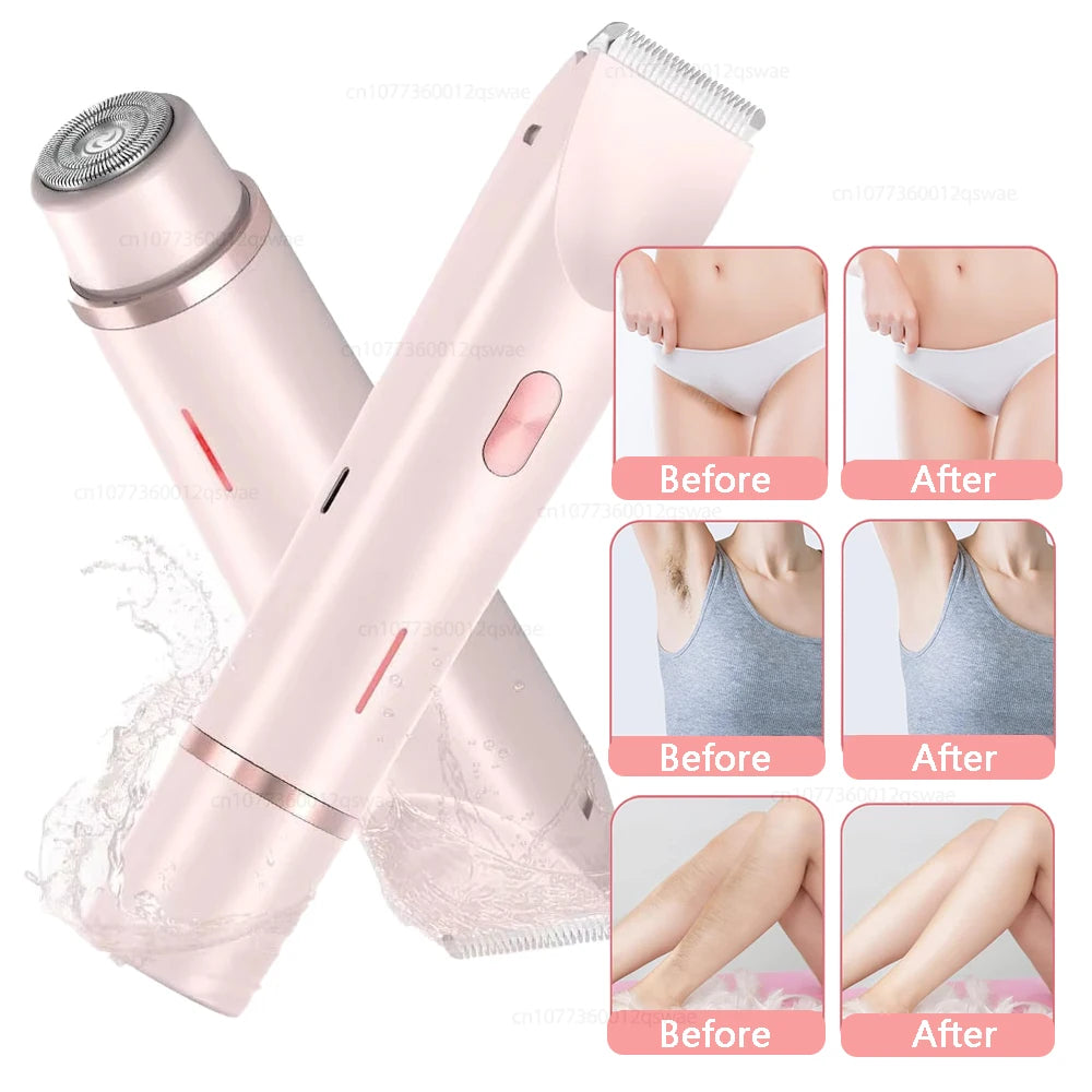 A pink 2-in-1 electric body hair trimmer demonstrating before and after results on skin.