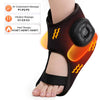 A black ankle foot massager device is shown on a person's foot, with indicators for air compression, vibration, and heat ther