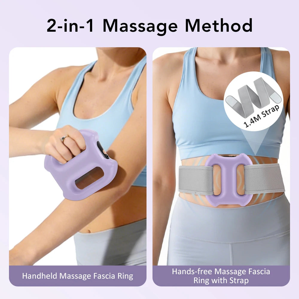 Two methods for massage: a handheld fascia ring and a hands-free fascia ring with a strap.