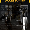 A close-up view of a VGR electric hair clipper with various blade attachments and accessories.