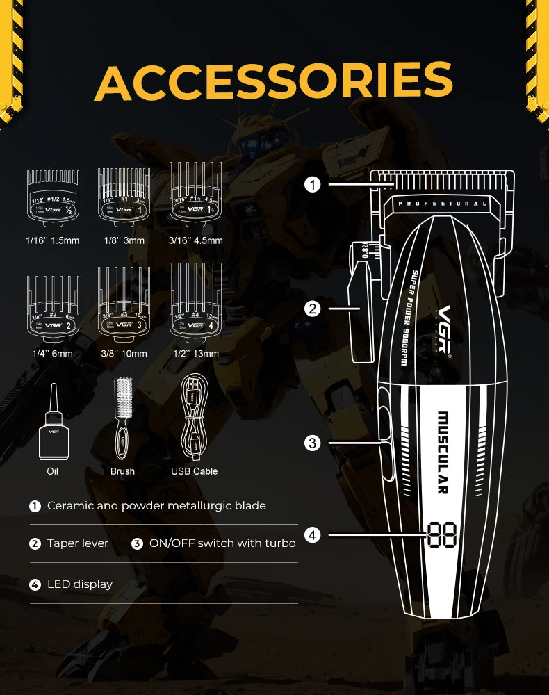 A close-up view of a VGR electric hair clipper with various blade attachments and accessories.