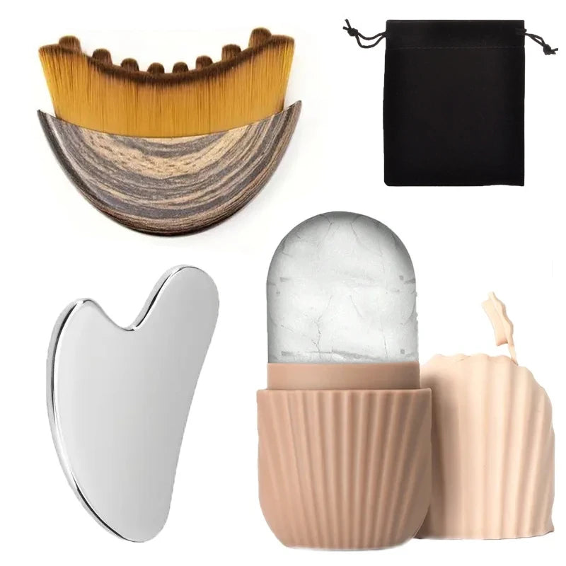 A set of stainless steel gua sha and ice roller facial massage tools with natural stone and silicone rollers.
