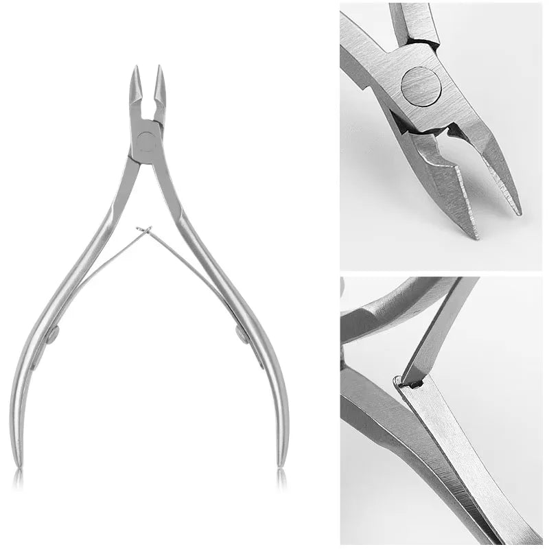 A pair of professional stainless steel cuticle nail nippers shown in various angles.