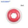 Red dental orthodontic power chain elastic rubber band shown in a clear plastic ring.