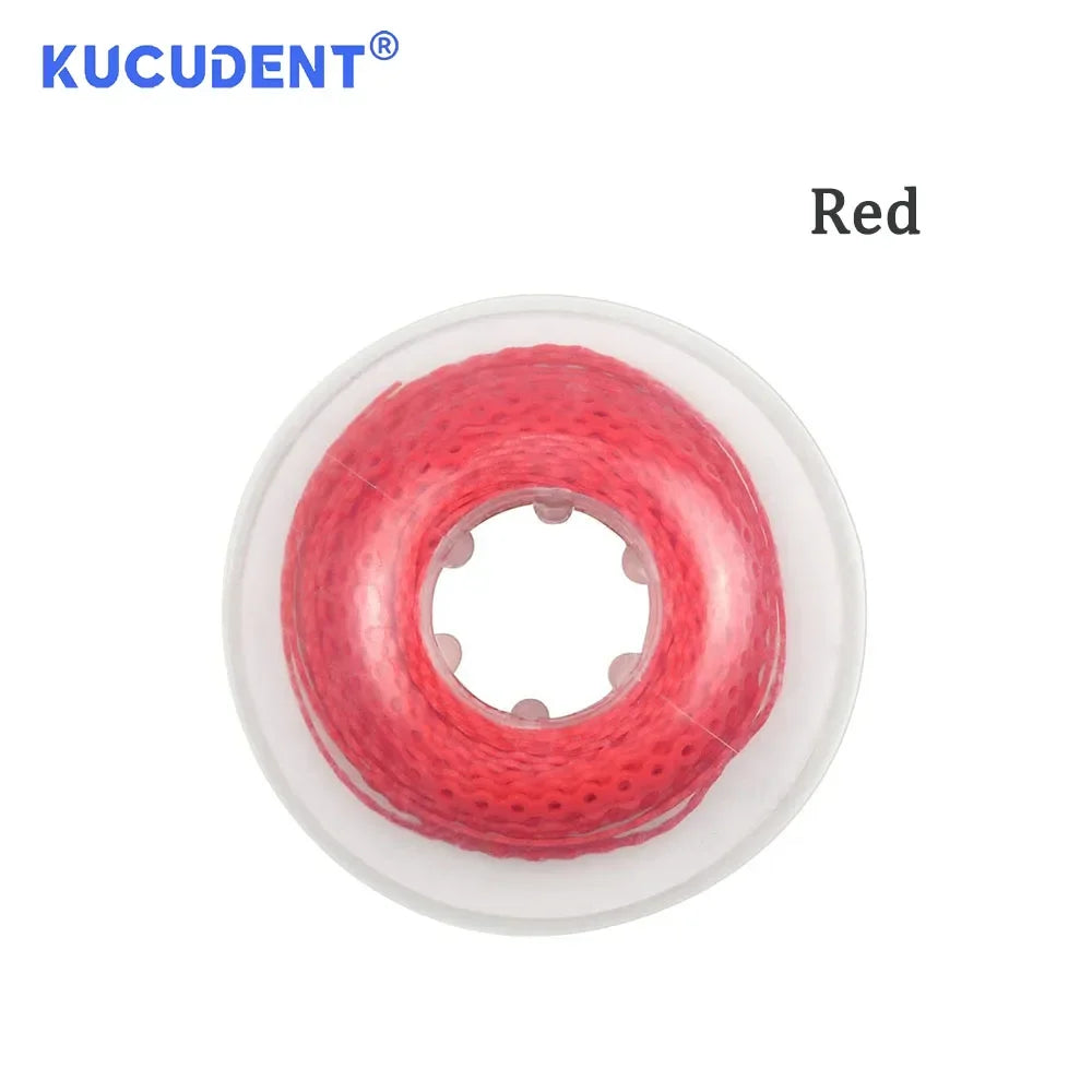Red dental orthodontic power chain elastic rubber band shown in a clear plastic ring.