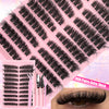 A pink plastic tray filled with black natural wispy eyelash extensions and a pair of finished eyelashes.