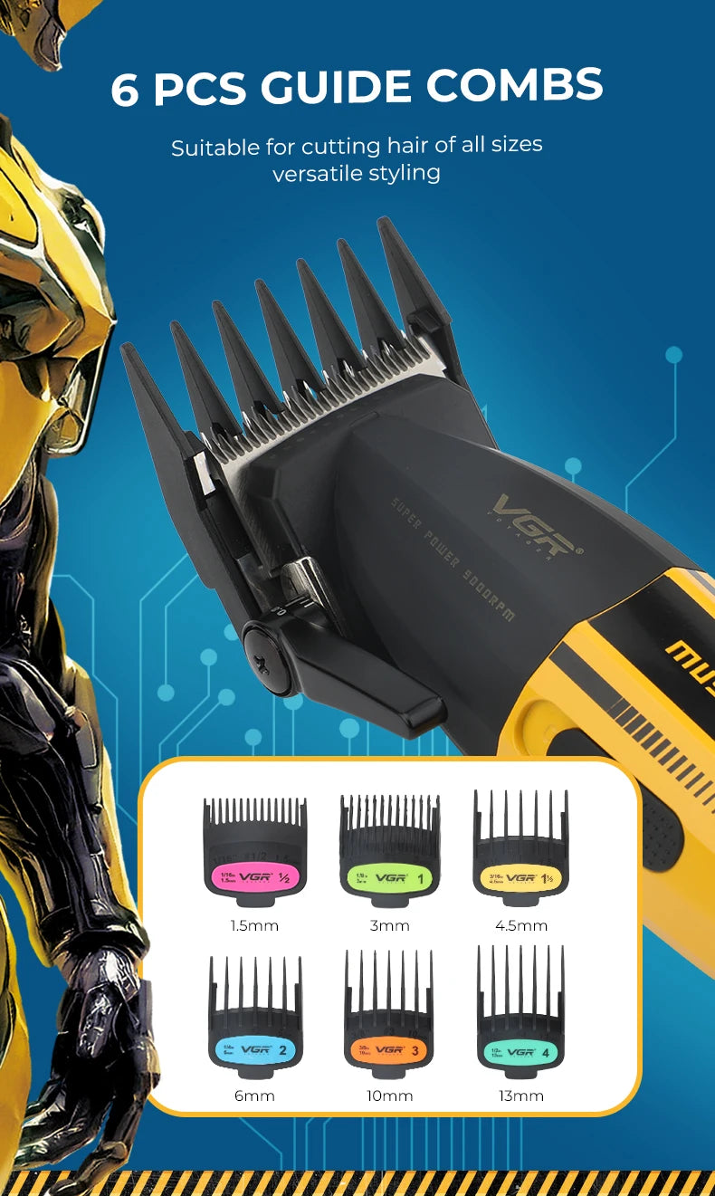 A set of six precision guide combs for an electric hair clipper, shown next to a yellow and black grooming tool.
