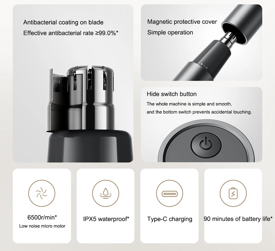 A black electric nose and eyebrow hair trimmer with various features shown.