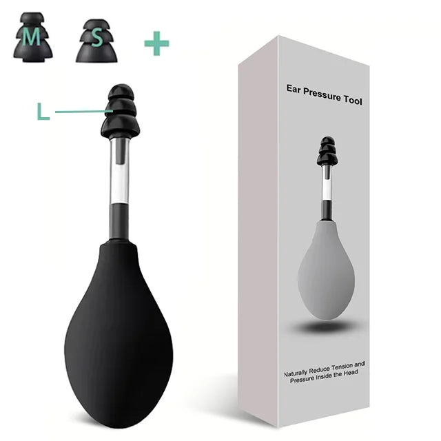 A portable ear pressure relief tool shown with components M and S, and a disassembled version.