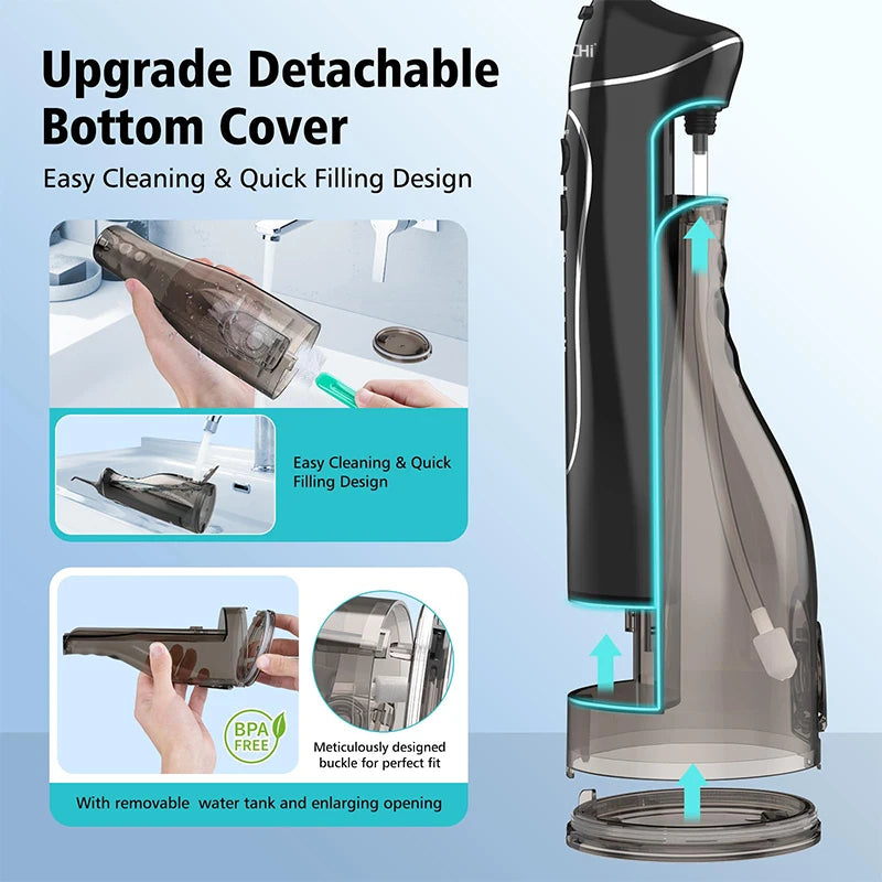 Portable rechargeable oral irrigator with detachable bottom cover and easy cleaning design
