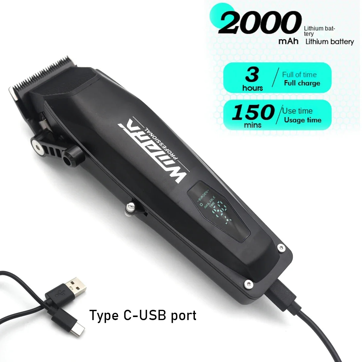 Black professional electric hair clippers with a battery and Type C-USB port