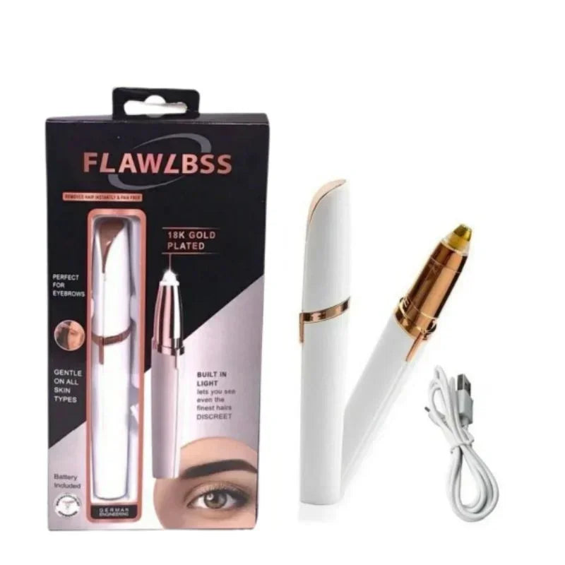 A black box packaging for a portable electric eyebrow and facial hair trimmer with a white handle and gold accents.