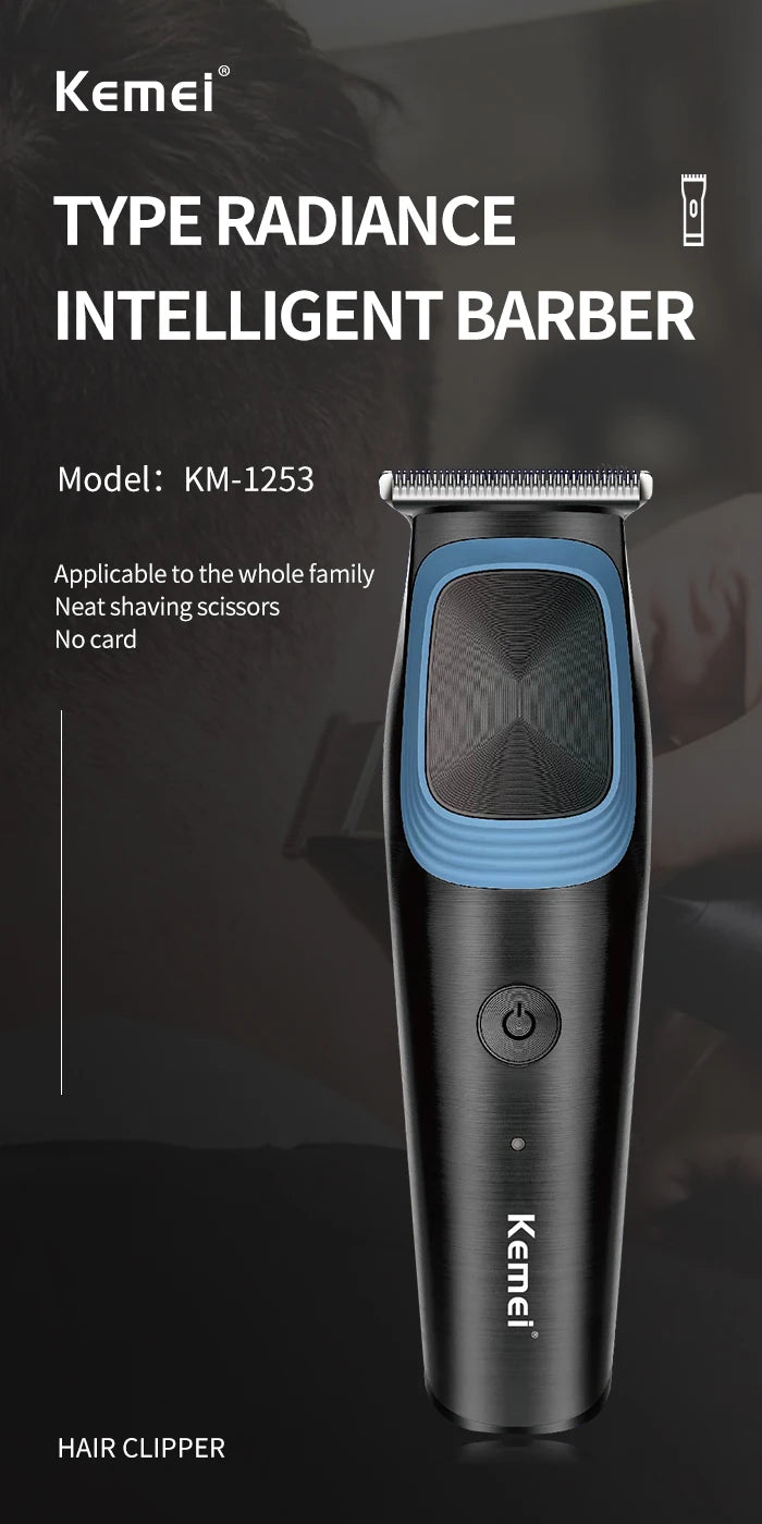 A black Kemei Type Radiance Intelligent Barber hair clipper shown against a dark background.
