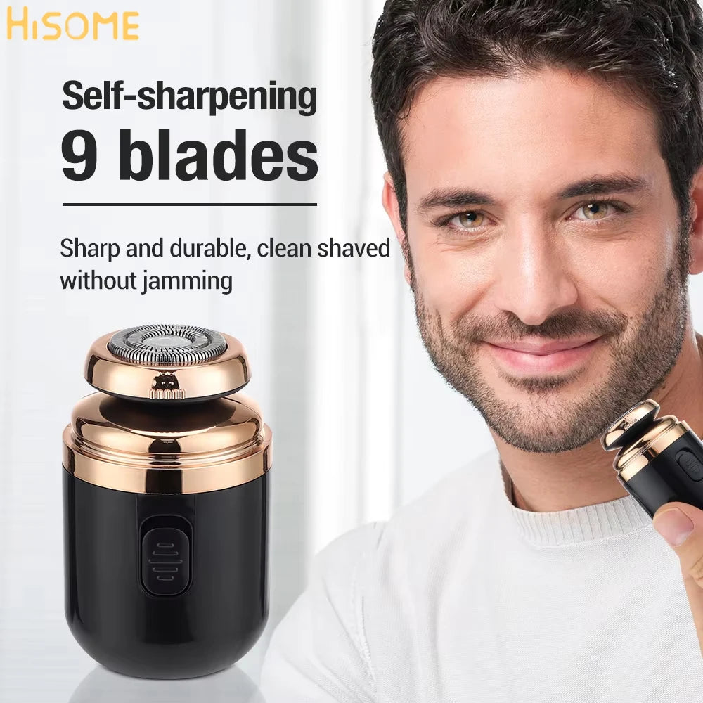 A man is holding a black and rose gold electric shaver with nine blades, demonstrating its self-sharpening feature.