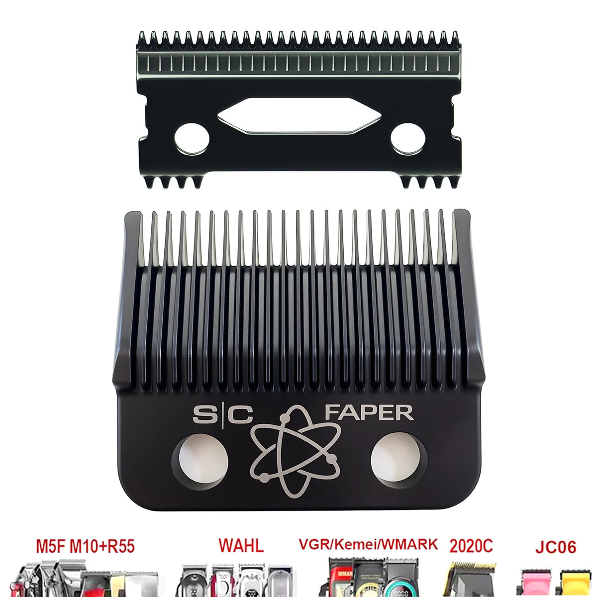 A set of professional hair clipper blades, including a flat blade and a comb-like blade, in black.
