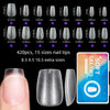 A collection of clear acrylic nail tips in various sizes and shapes displayed next to a hand showing application.