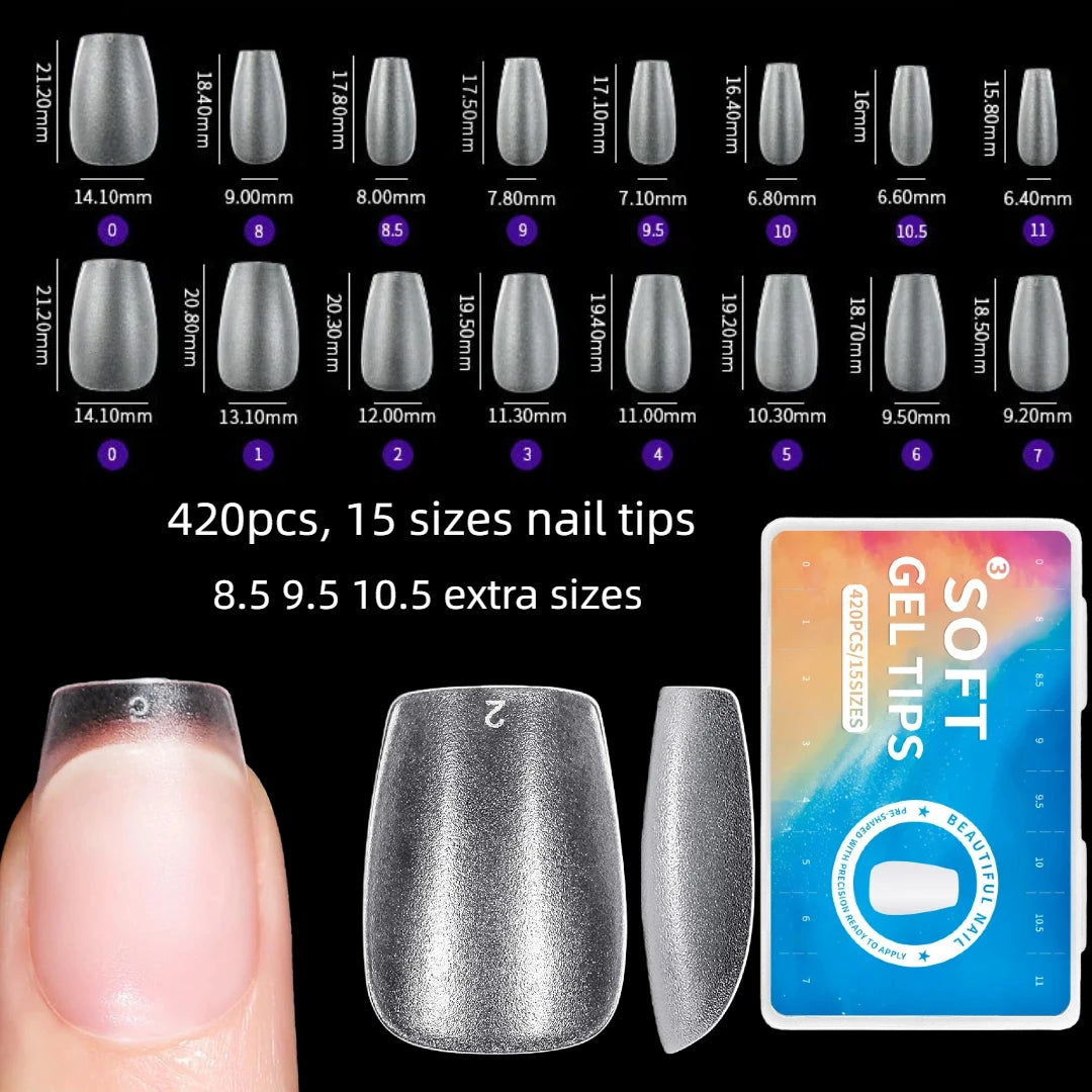 A collection of clear acrylic nail tips in various sizes and shapes displayed next to a hand showing application.