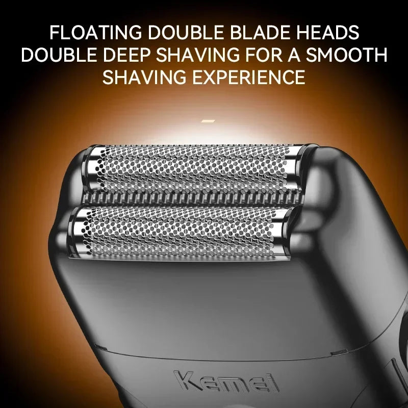 Close-up of a silver electric shaver head featuring floating double blade technology.
