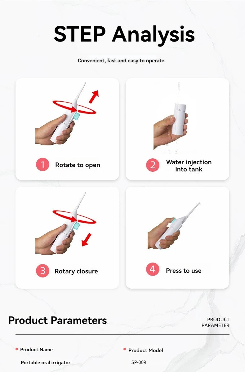 Diagram showing the four steps for using a portable oral irrigator: rotate to open, water injection into tank, rotary closure