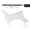 A black eye pencil and a white beard styling template are shown together.