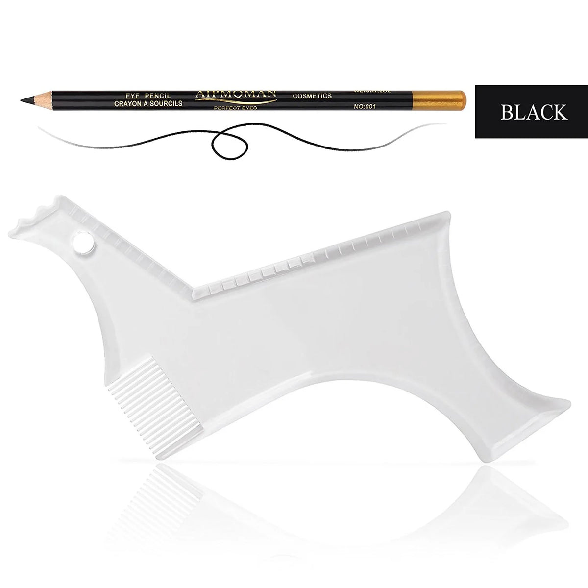 A black eye pencil and a white beard styling template are shown together.