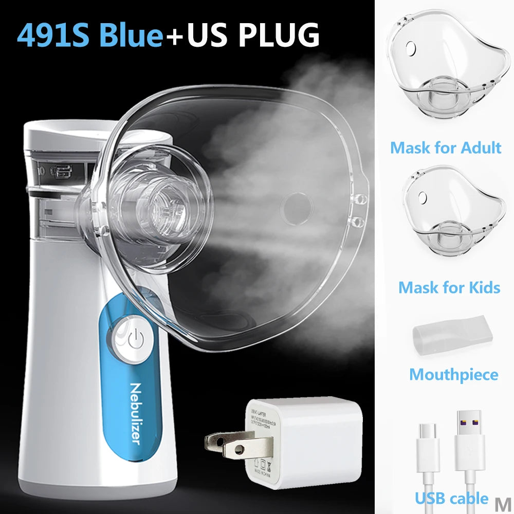 A white handheld nebulizer device with a clear mask and an accompanying USB cable are shown.