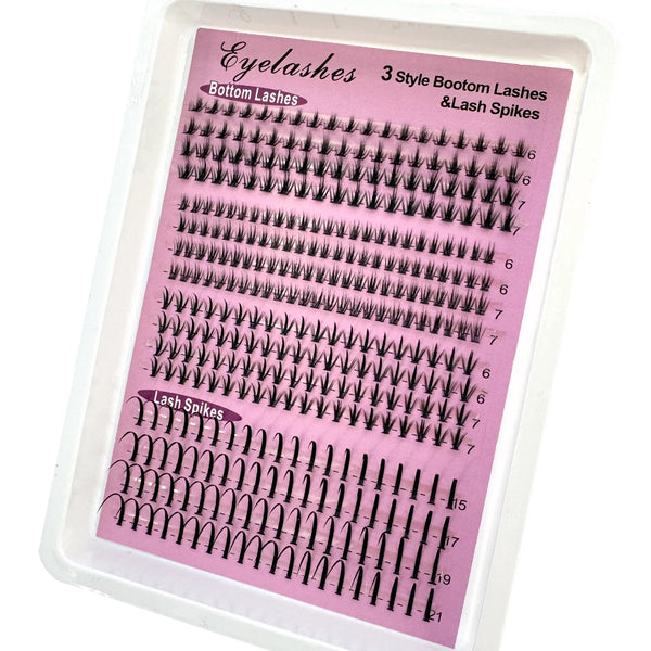 A plastic container of DIY lash extension mix showing various styles including bottom lashes and lash spikes