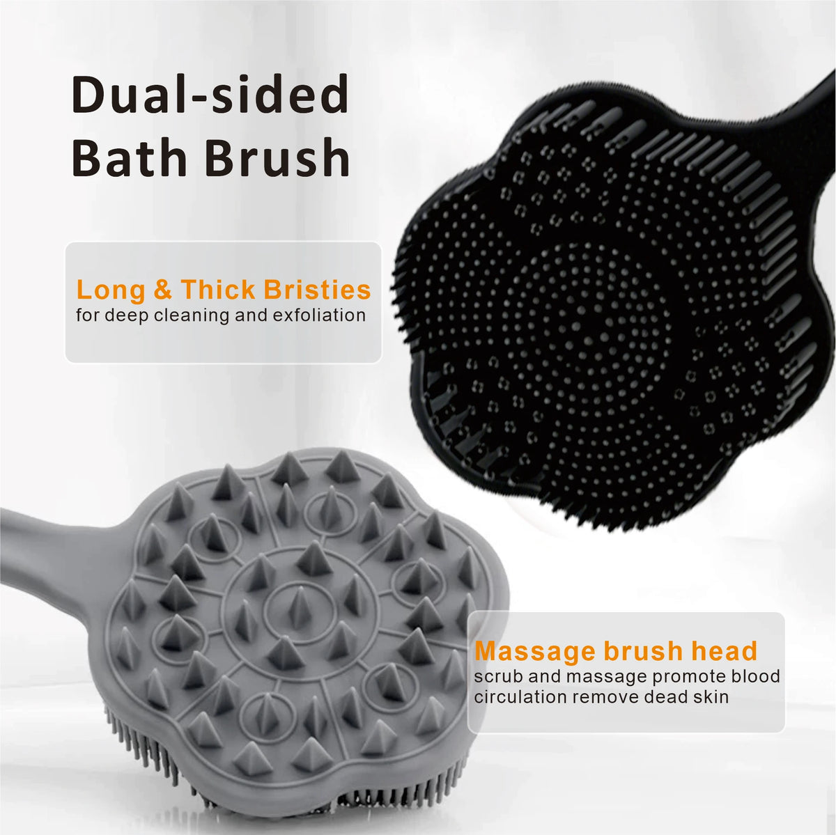 A black dual-sided bath brush and a gray massage brush head are shown for deep cleaning and exfoliation.