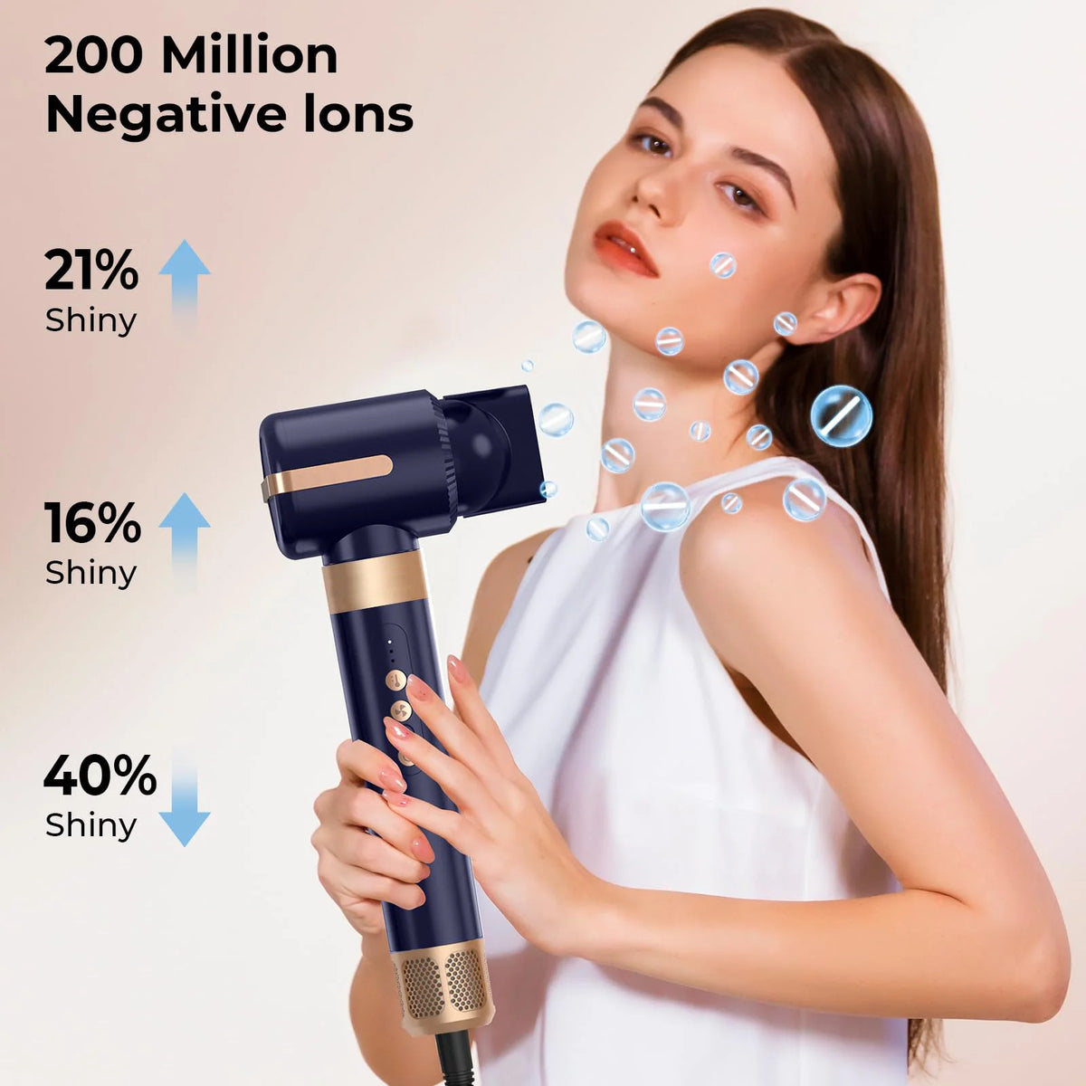 A woman is using a black hair styling dryer brush, demonstrating negative ion benefits for shiny hair.