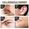 A 4-in-1 versatile trimmer showing close-ups of hair removal on the nose, ear, eyebrow, and beard area.