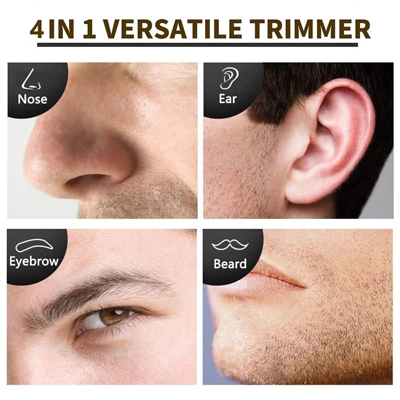 A 4-in-1 versatile trimmer showing close-ups of hair removal on the nose, ear, eyebrow, and beard area.