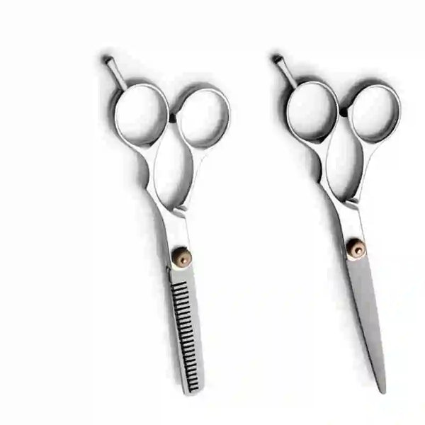 A pair of professional 6-inch barber scissors and thinning shears set with silver blades.