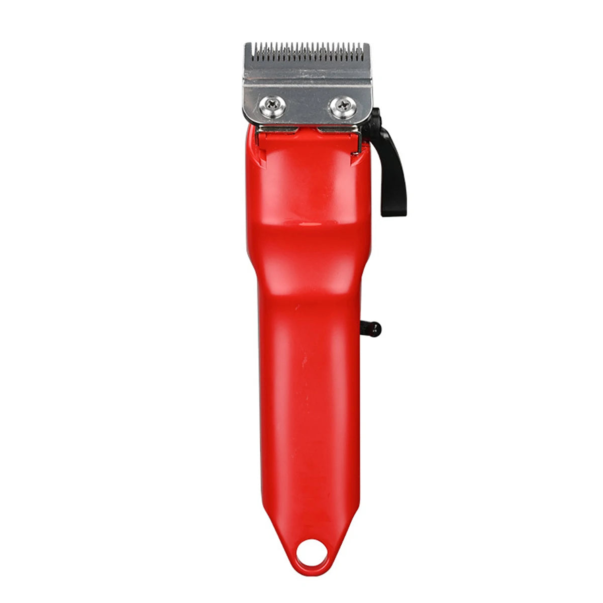 A red professional cordless electric hair clipper with a metal guard and black handle.