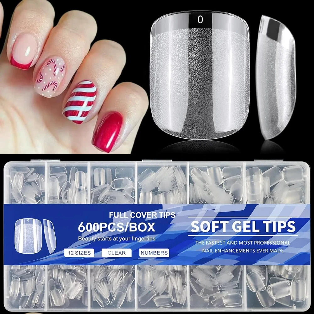 Box of 600 pieces of soft gel tips in various sizes and clear numbers for nail enhancements