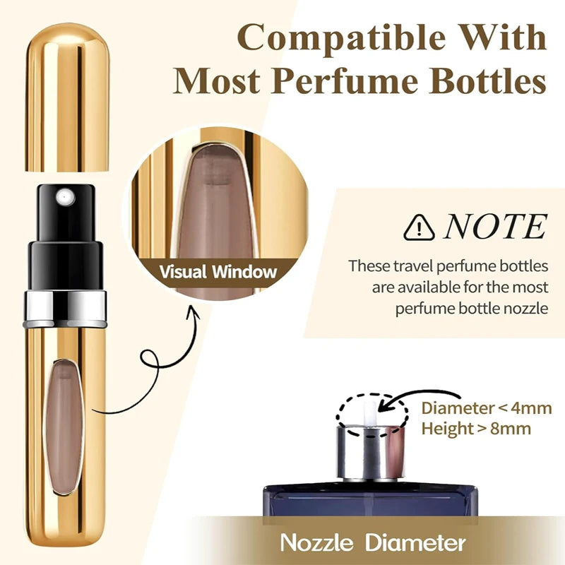 A gold and black mini refillable perfume bottle with a visual window and a nozzle diameter of less than 4mm.