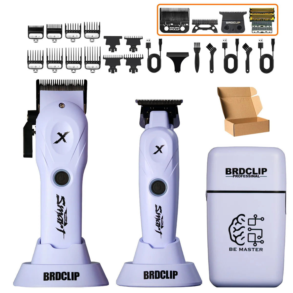A purple and black multi-function hair grooming kit featuring a handheld device and various tools.