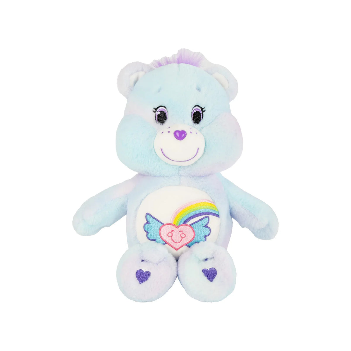 A light blue classic care bears plush stuffed animal doll with a purple nose and a rainbow heart design on its chest.